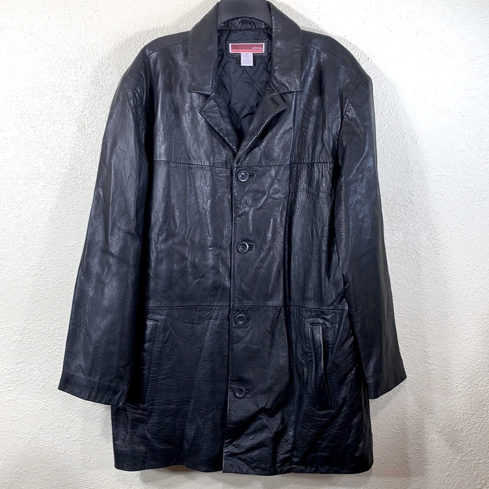 Merona Men's Genuine Black Leather Coat XL Long Sleeve Pockets Front Buttons
